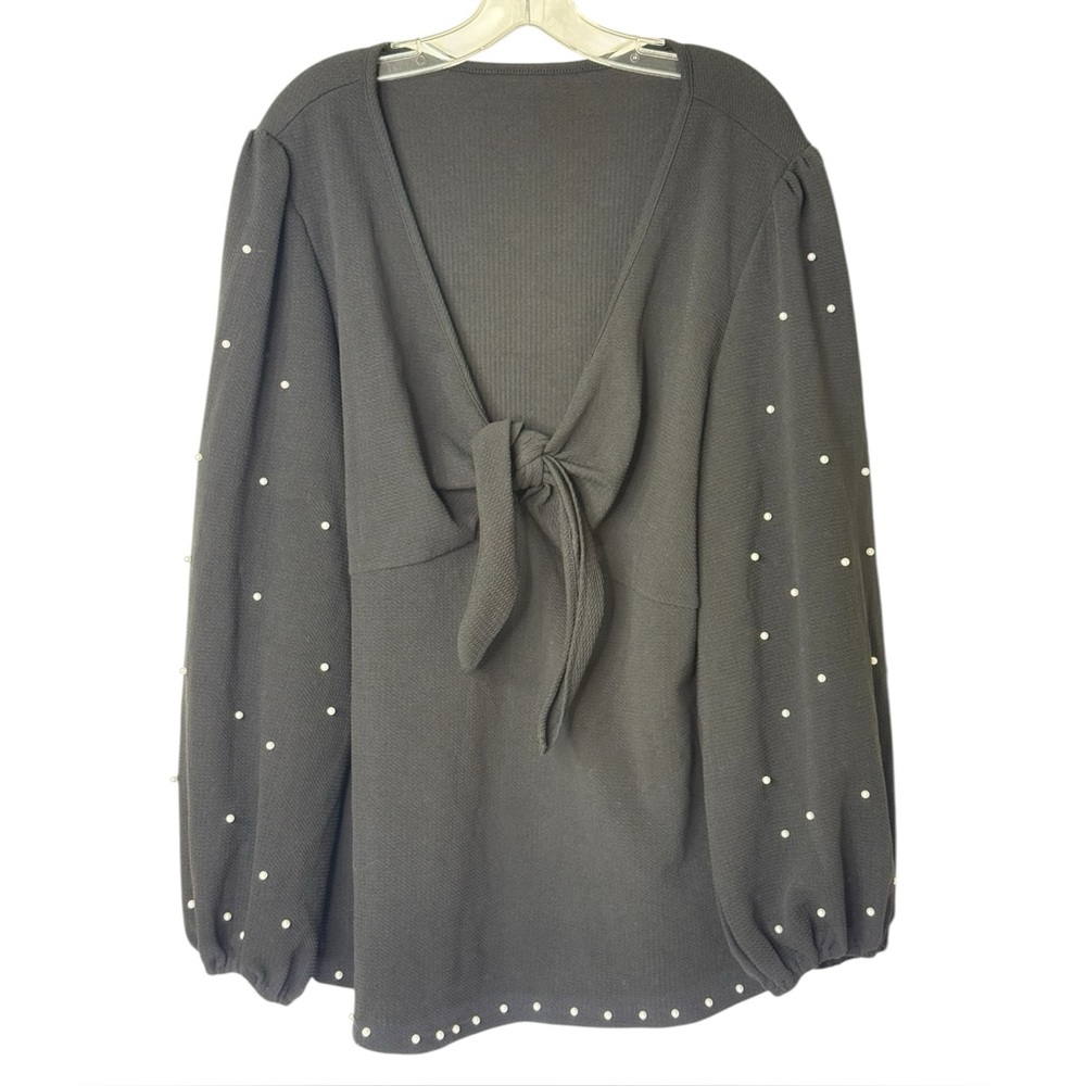 Boture Curve Black Blouse Long Sleeve Tie Front Pearl Embellished Womens 4XL Top